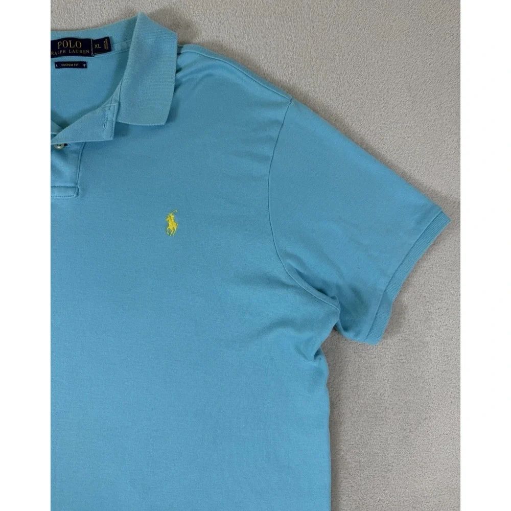 Polo Ralph Lauren Men's XL Custom Fit Polo Shirt Blue Short Sleeve Yellow‎ Pony